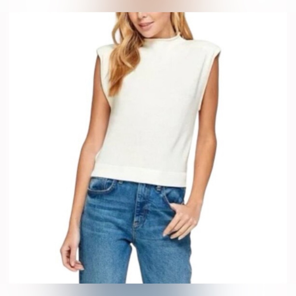NWOT Ellison Mock Neck Power Shoulder Ribbed Knit White Sleeveless Sweater - Picture 2 of 4